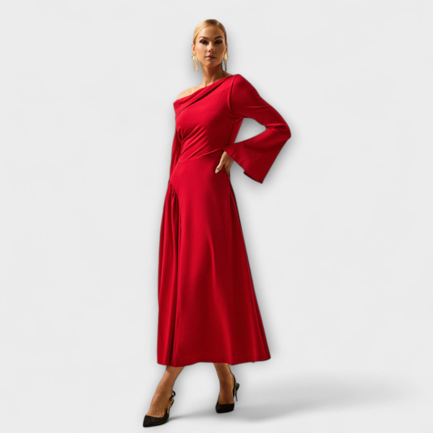 Willa - Off-Shoulder Midi Dress with Gathered Balloon Sleeves