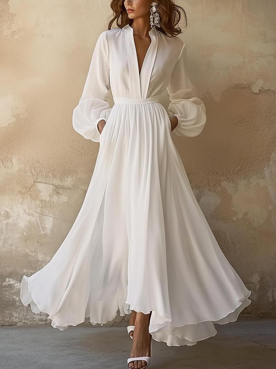 Laura - Vintage-Inspired White V-Neck Maxi Dress