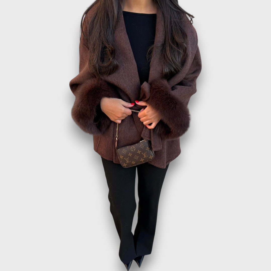 Vienelle | Wrap Coat with Dark Brown Fur Cuffs