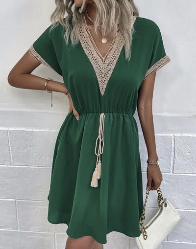 Josephine - Chic V-Neck Boho Dress with Flattering Waist Tie