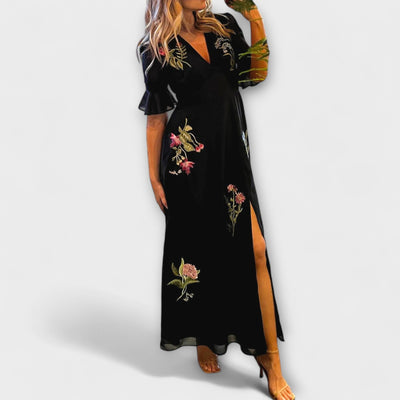 Beatrice - Elegant Navy Blue Dress with Floral Embroidery