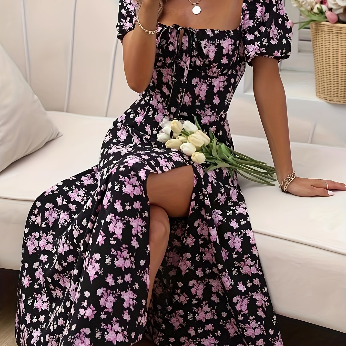 Calyx - Artistic Floral Print Puff Sleeve Dress