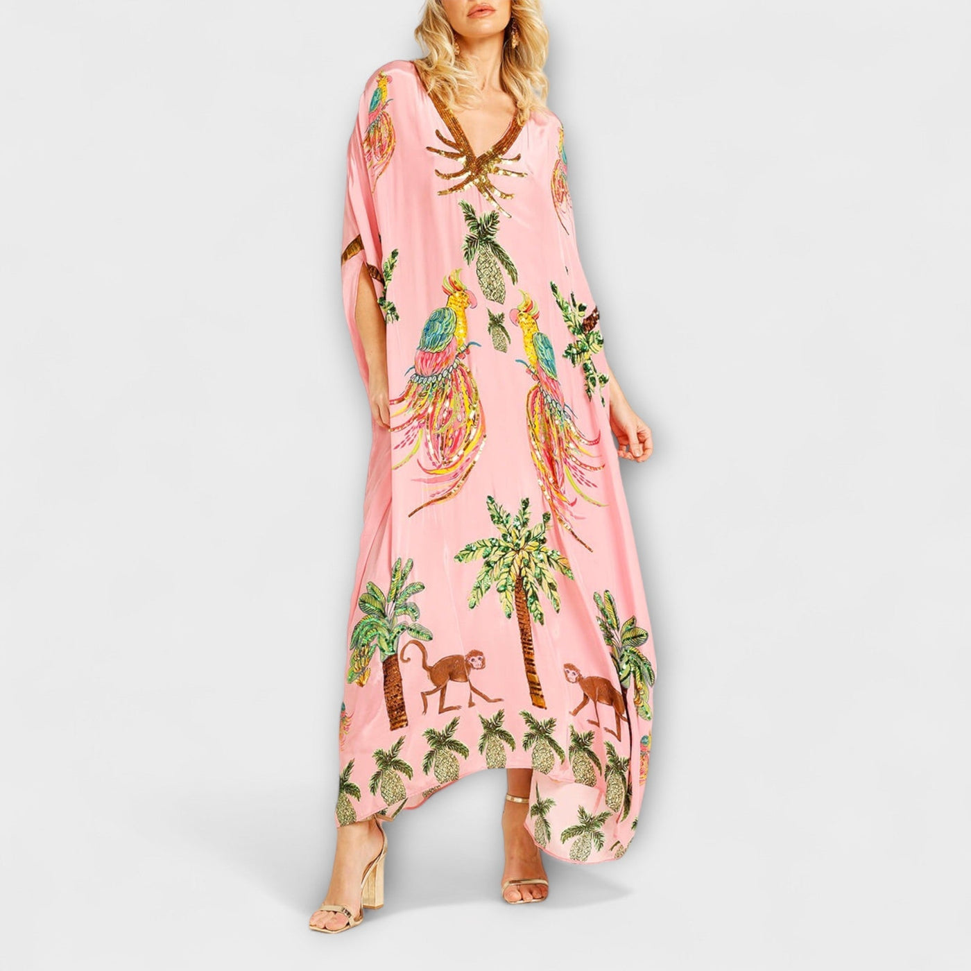 Linda - Eye-catching Dress with Asymmetrical Shoulders and Coconut Tree Print