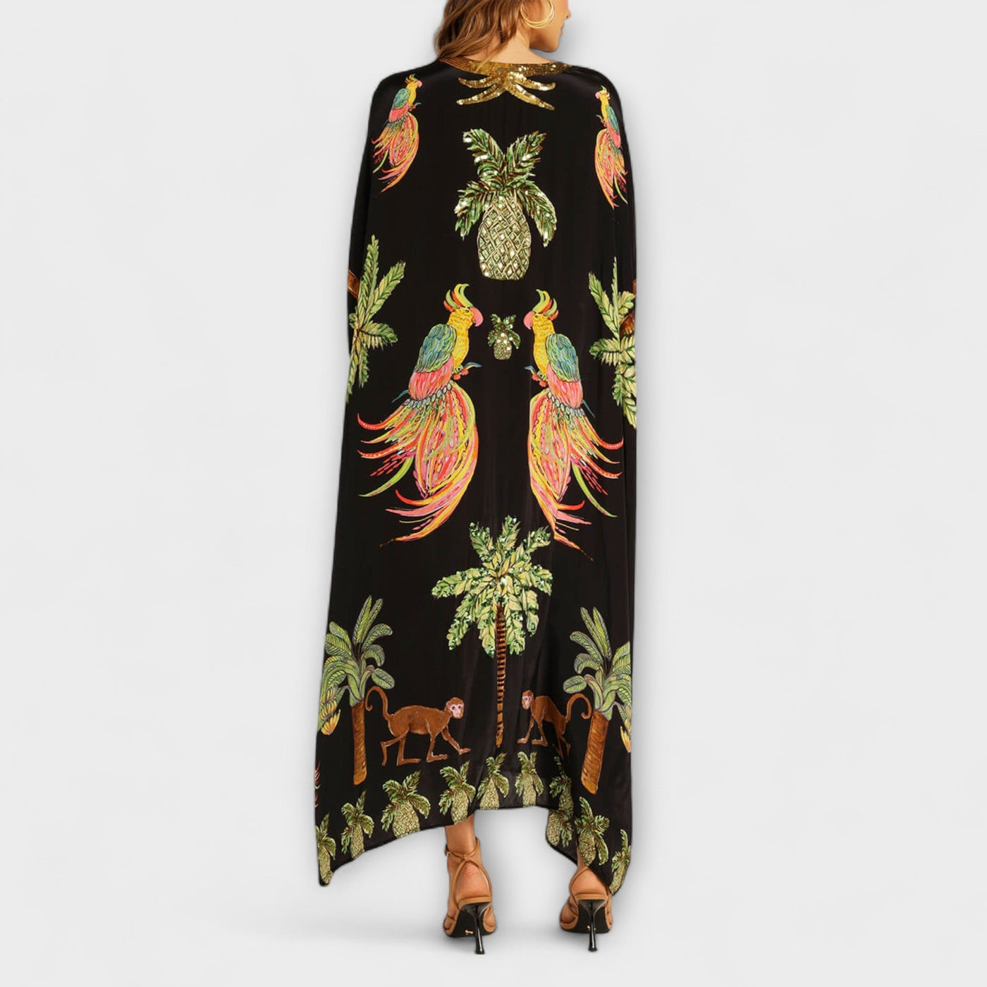 Linda - Eye-catching Dress with Asymmetrical Shoulders and Coconut Tree Print