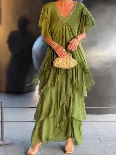 Blaise - Ruffled Short Sleeves V-Neck Maxi Dress